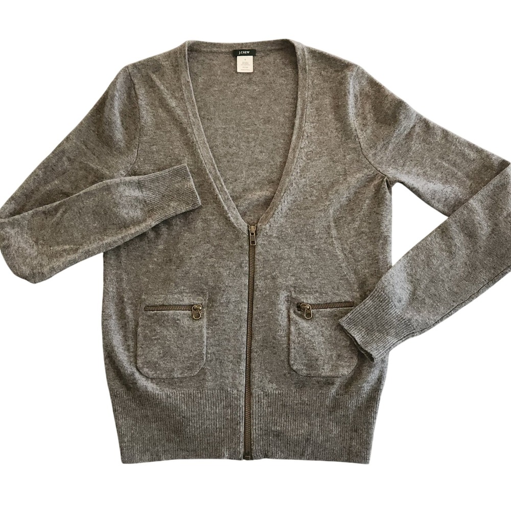 J.Crew Zip Up Cardigan Sweater Womens S Cashmere Wool Blend Gray Pockets V-Neck